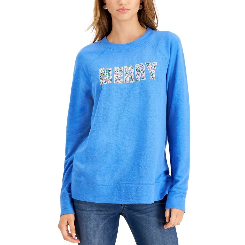 Style & Co Blue "Merry" Sequin Sweatshirt Women's XL Long Sleeve Crew Neck